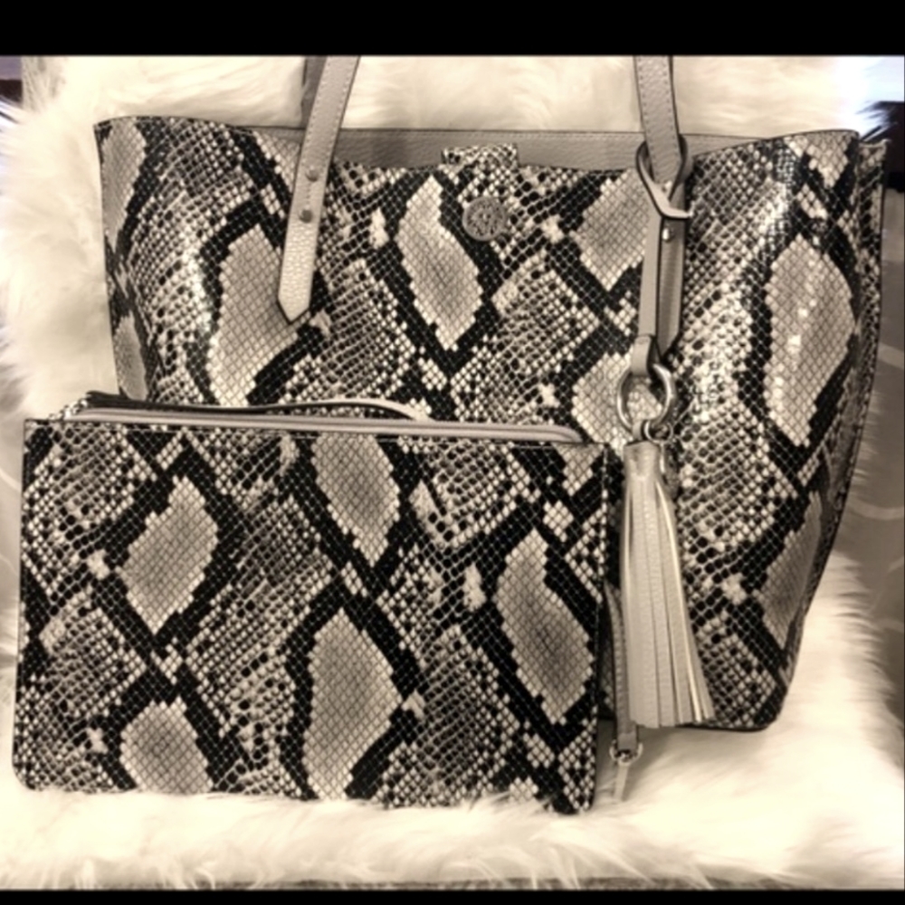 Anne Klein Carryall Snakeskin Tote Shoulder HandBag Black Gray + Pouch